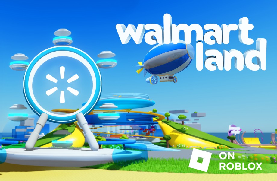A rendering of Walmart Land, complete with a large cone-shaped tower topped with the Walmart logo, green spaces with trees and a beach, a Ferris Wheel and a blimp flying overhead among fluffy clouds. The text says, “Walmart Land on Roblox.” a blimp flying overhead.