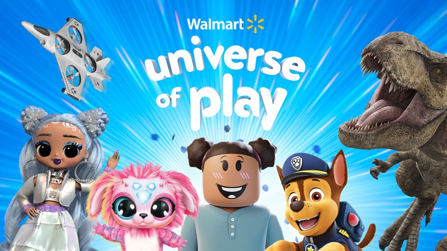 Beloved characters from cartoons and iconic movies – including a dinosaur from Jurassic Park and a character from “Paw Patrol” – are standing in front of text that reads “Walmart’s Universe of Play.”