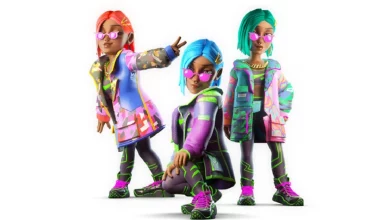 three genies avatars wearing high-fashion clothes in different poses