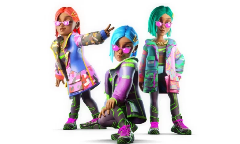 three genies avatars wearing high-fashion clothes in different poses