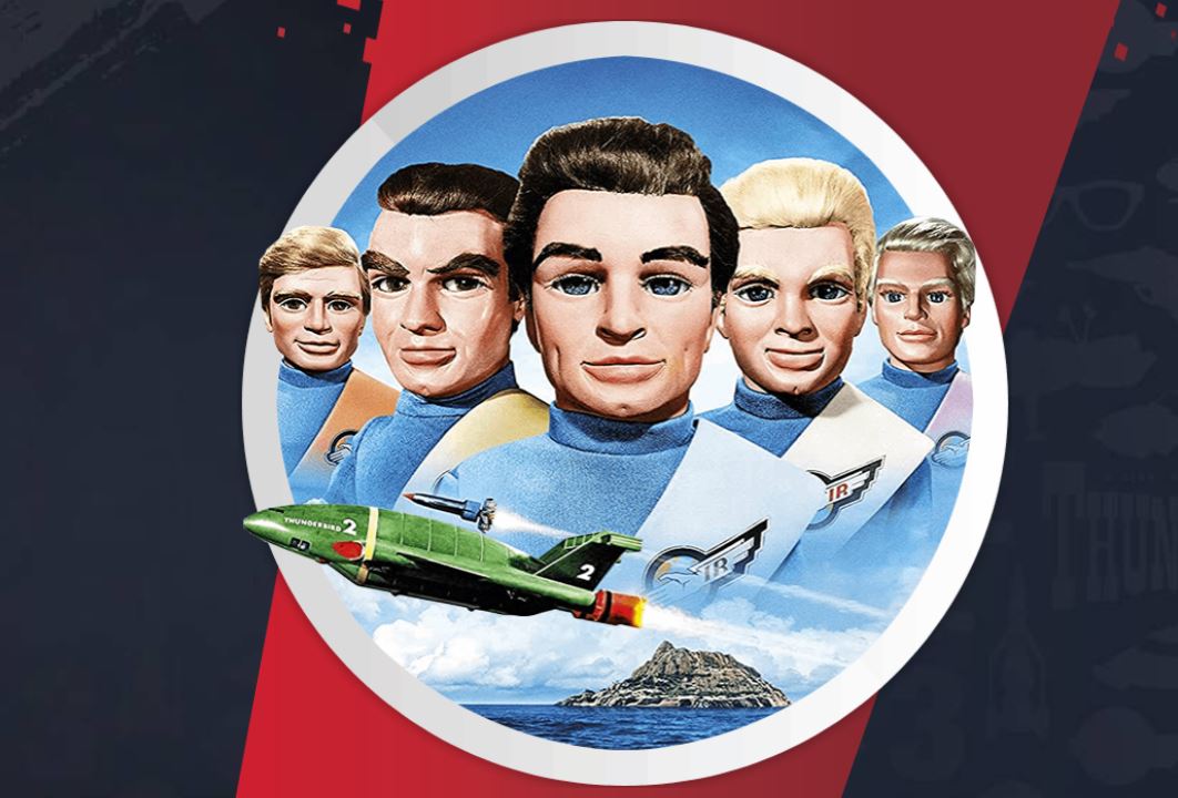 digital poster featuring the main characters of the Thunderbirds TV show alongside a rocketship
