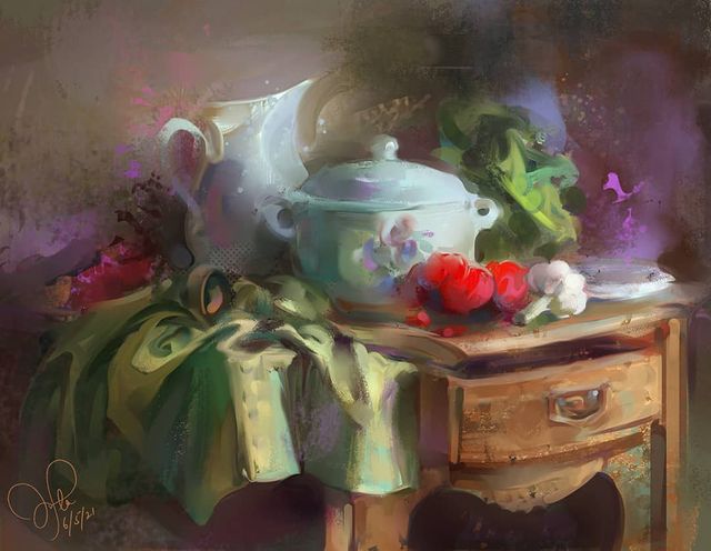 A still life painting by NFT artist Artventurus from her Instagram page.
