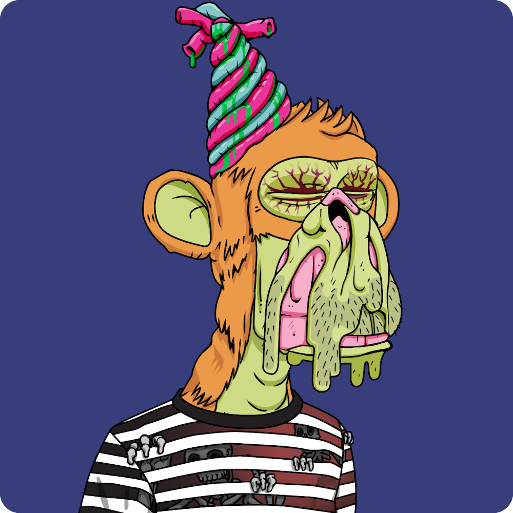 Image of Mutant Ape NFT used by scammer. Orange fur, black and white stripy tee and birthday hat.