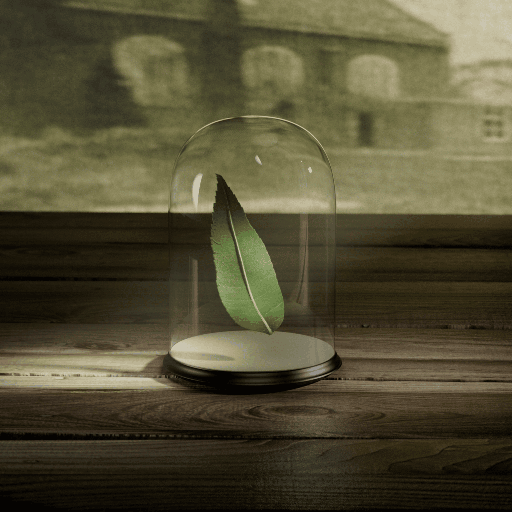 image of a leaf in glass on a table Van Gogh NFT