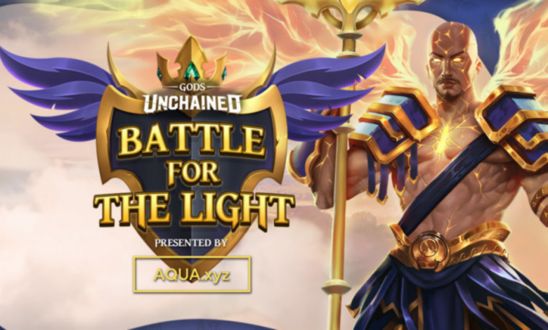 Gods Unchained tournament poster depicting the words "Battle For The Light" in stylized font.