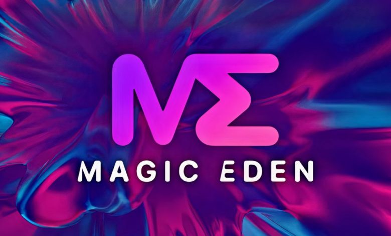 Image of Magic Eden logo with colourful background, hackathon.