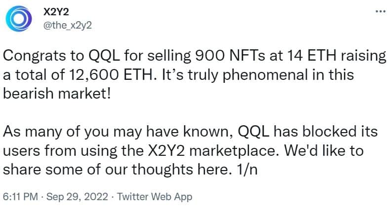 Twitter screenshot of a message posted by the X2Y2 NFT marketplace about Tyler Hobbs' NFT collection