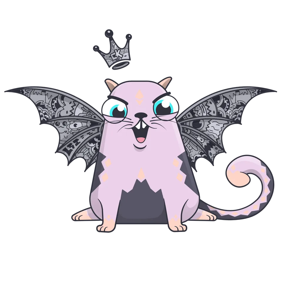 image of a pink cryptokitties cat with wings and crown, owned by Pranksy