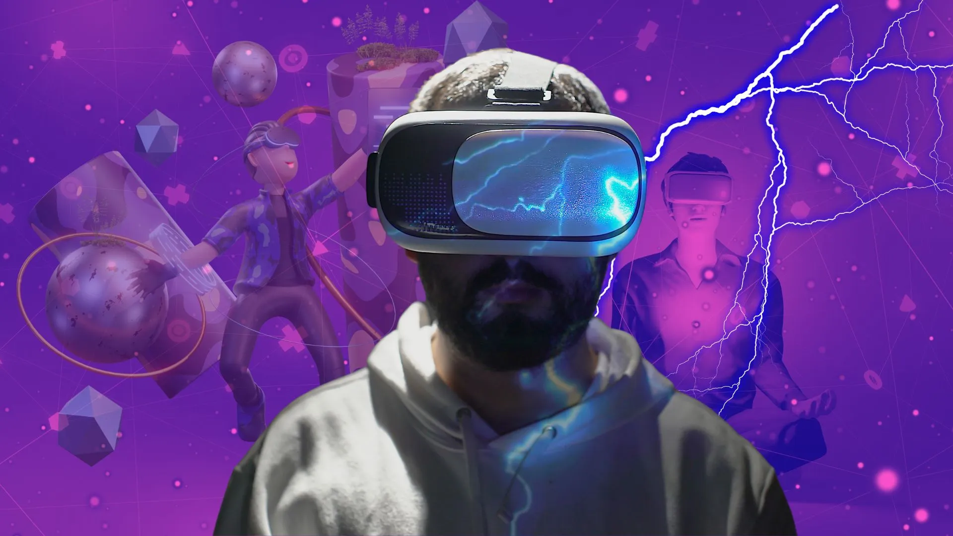 An illustration made with AI of someone plugged in to a metaverse office through a VR headset 
