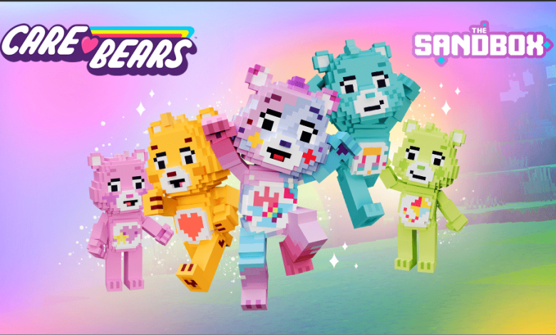 an image that shows different Care Bear avatars in the Sandbox metaverse.