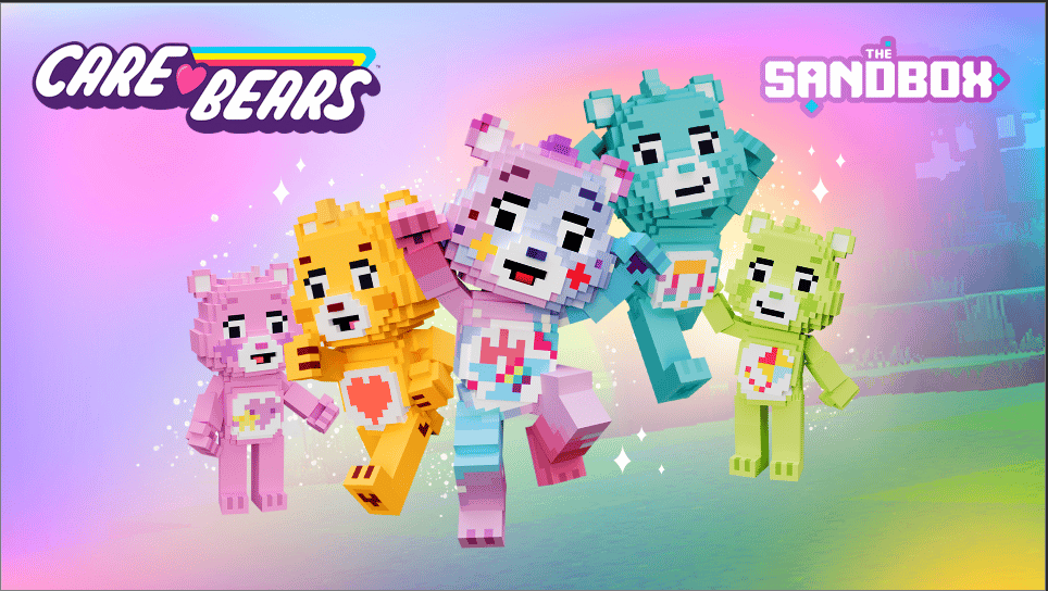 an image that shows different Care Bear avatars in the Sandbox metaverse.