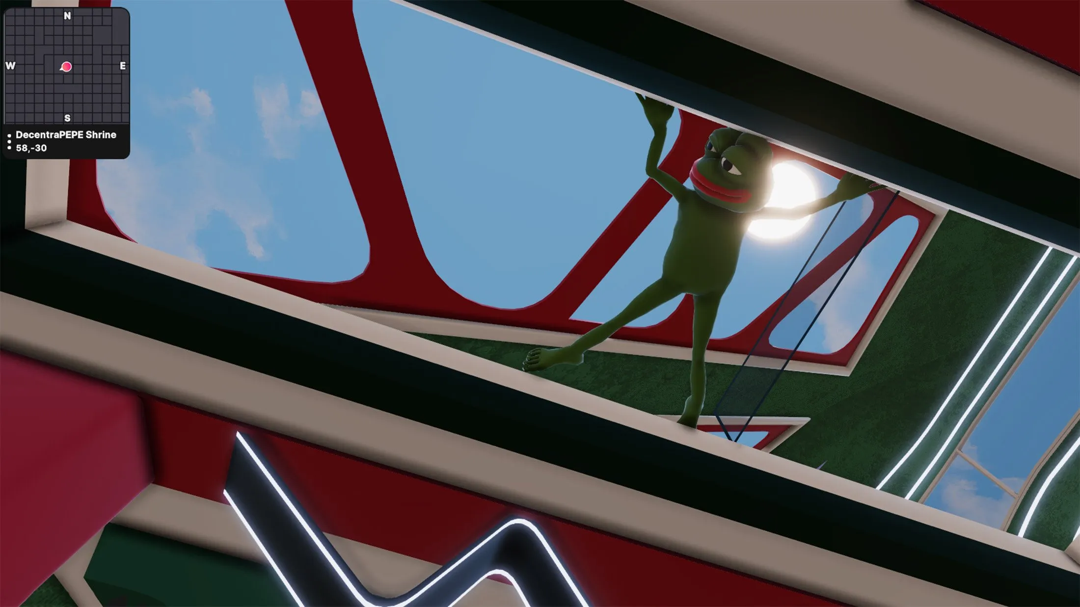 image of a PEPE characte from an installation within Decentraland's metaverse art week