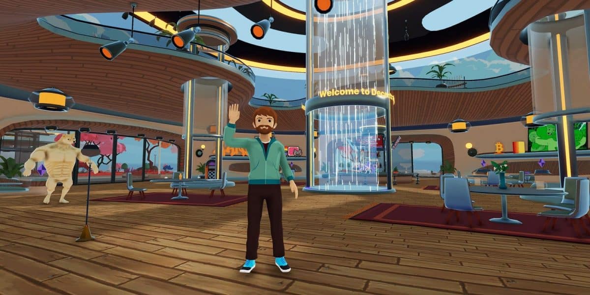 A male avatar wearing a green hoodie stands in the center of a virtual lounge.