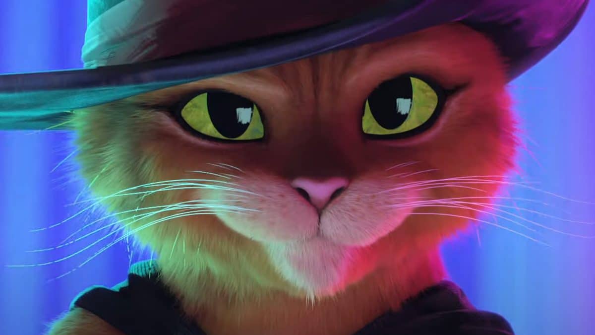 A digitally animated cat with a wide brimmed hat smirks and looks off into the distance.