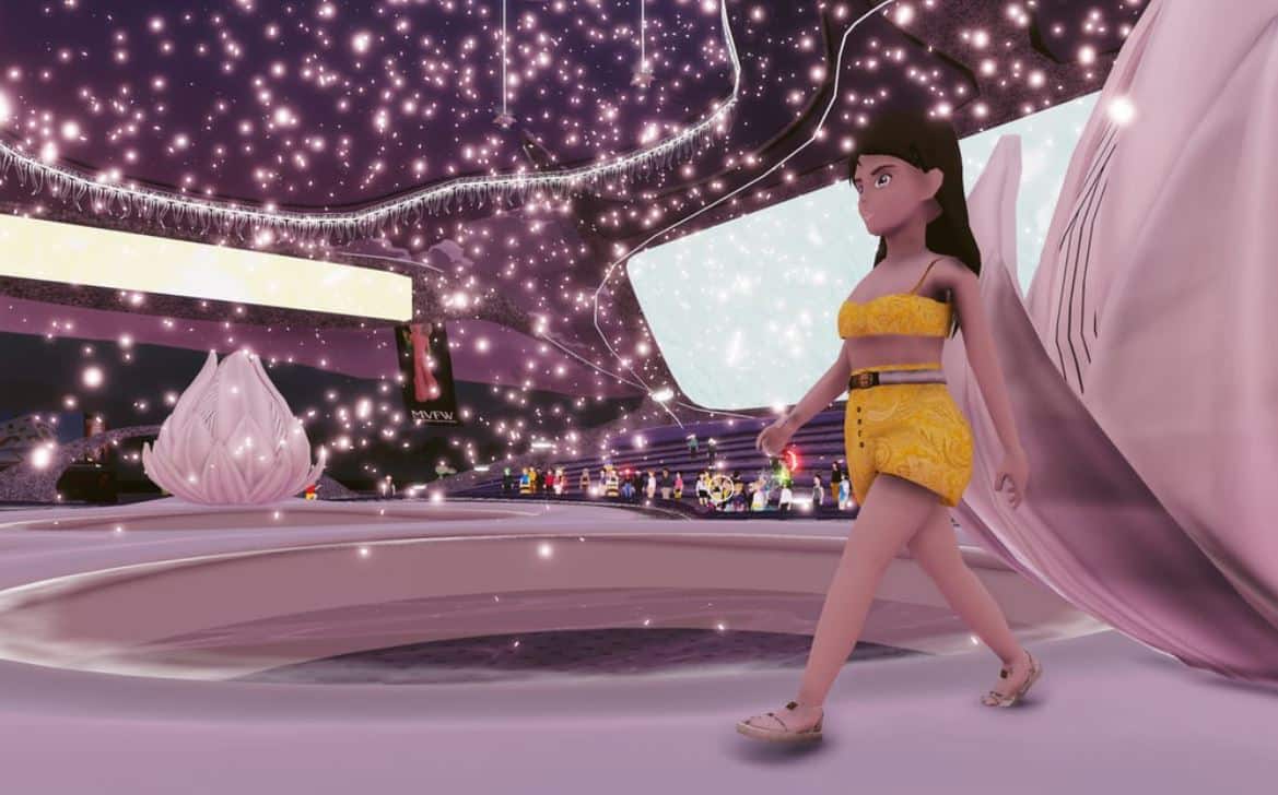 image of a digital model walking down the runway during the Metaverse Fashion Week in Decentraland