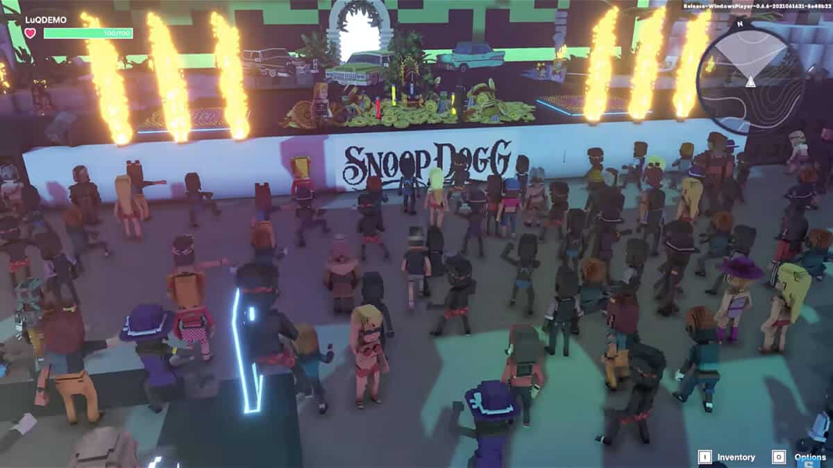 There are animated characters dancing in front of a stage in a virtual world.