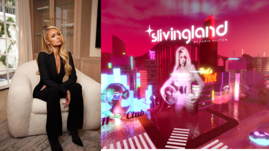 picture of Paris Hilton next to what is now her own roblox metaverse 'Sliving' land