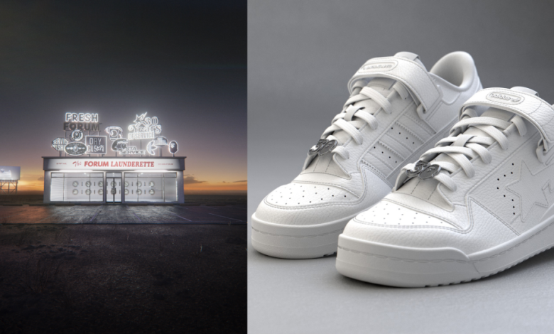 adidas x bape nft sneaker collaboration pictures depicting the Forum 84 BAPE® Low Triple-White sneakers