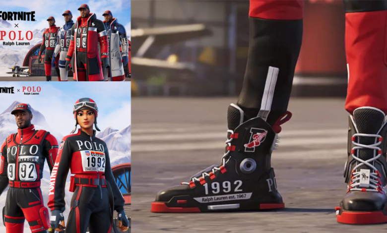images of the fortnite x polo ralph lauren collab, with the phygital boots close-up